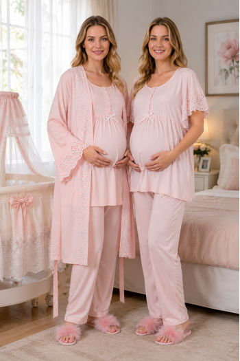 RİMEL Pudra Kısa Kollu Dantelli Lohusa Pijama Takım Sabahlık 33011 RİMEL Pudra Kısa Kollu Dantelli Lohusa Pijama Takım Sabahlık 33011